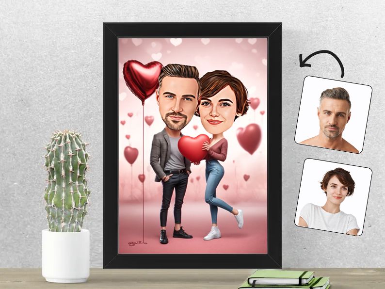 Gepersonaliseerde karikatuur van een stel met hartjes, romantisch vormgegeven en gedrukt in een 21x30 cm fotolijst. gepersonaliseerd origineel cadeau
