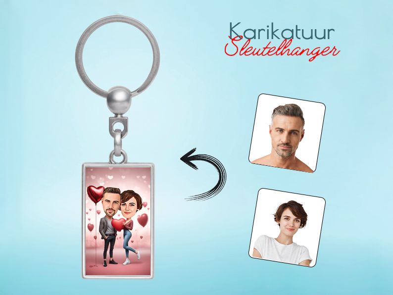 Gepersonaliseerde karikatuur sleutelhanger met hartjes, een romantisch en uniek cadeau voor stellen. gepersonaliseerd origineel cadeau