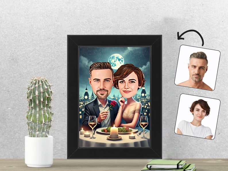 Gepersonaliseerde karikatuur van een stel tijdens een romantisch diner op een rooftop, afgedrukt in een fotolijst 13x18 cm. gepersonaliseerd origineel cadeau
