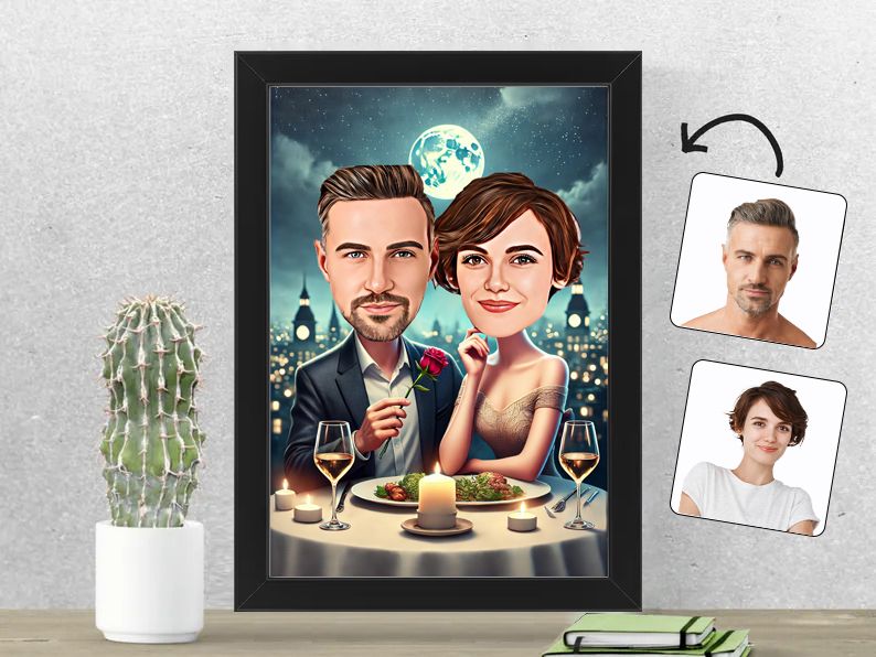 Gepersonaliseerde karikatuur van een stel genietend van een rooftop diner bij maanlicht, geprint in een 21x30 cm fotolijst. gepersonaliseerd origineel cadeau