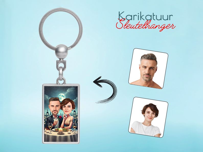 Gepersonaliseerde sleutelhanger met een karikatuur van een stel tijdens een romantisch diner op een rooftop, perfect als cadeau gepersonaliseerd origineel cadeau