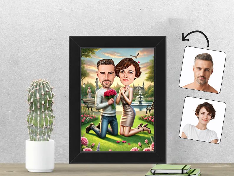 Gepersonaliseerde karikatuur van een stel bij een romantisch huwelijksaanzoek in een prachtige tuin, afgedrukt in een 13x18 cm fotolijst. Uniek en liefdevol cadeau voor verloving of bruiloft. gepersonaliseerd origineel cadeau