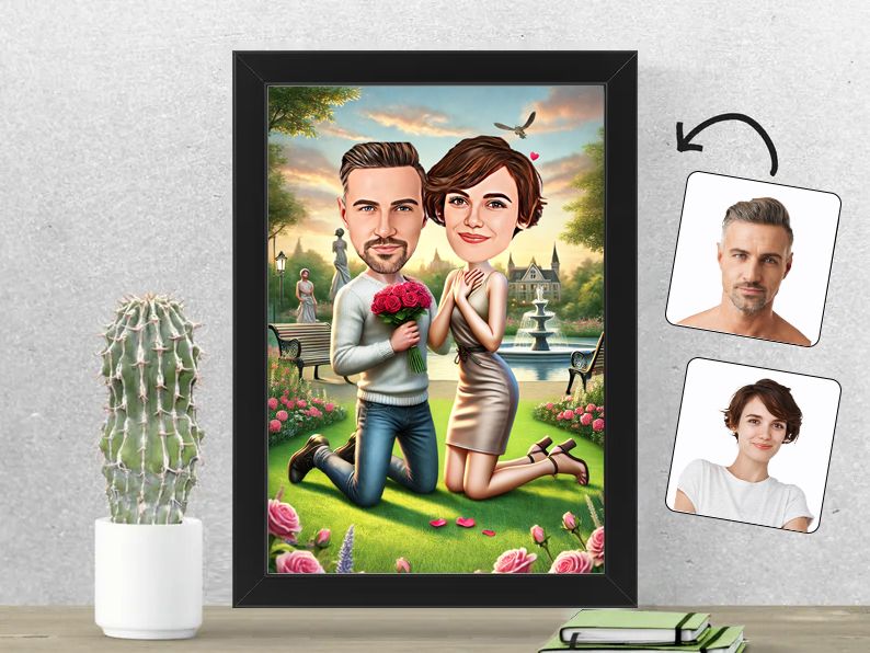 Gepersonaliseerde karikatuur met een romantisch aanzoek in een dromerige tuin, vastgelegd in een 21x30 cm fotolijst. Perfect als verlovingscadeau of voor een jubileum. gepersonaliseerd origineel cadeau
