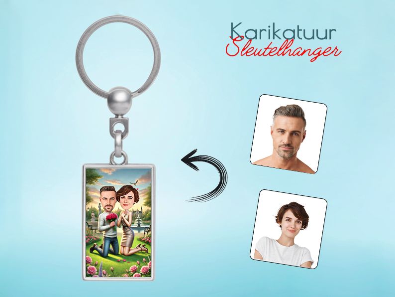 Gepersonaliseerde karikatuur van een stel met een romantisch aanzoek, verwerkt in een stijlvolle sleutelhanger. Uniek en draagbaar cadeau voor geliefden. gepersonaliseerd origineel cadeau