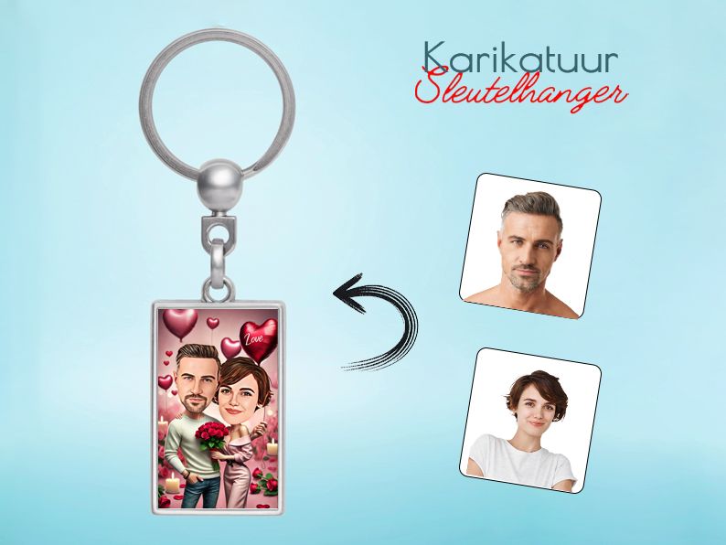 Gepersonaliseerde karikatuur sleutelhanger met hartjes, een romantisch en uniek cadeau voor stellen. gepersonaliseerd origineel cadeau