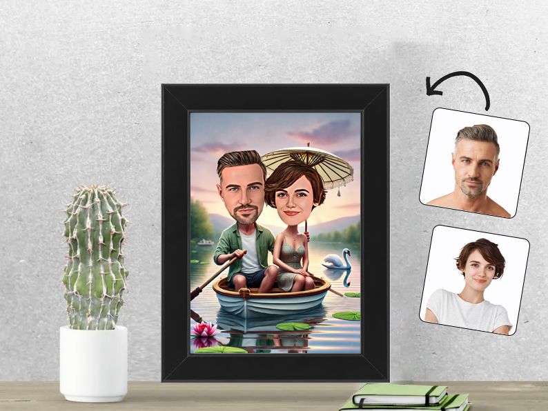 Gepersonaliseerde karikatuur van een stel tijdens een romantische boottocht bij zonsondergang, geprint in een 13x18 cm fotolijst. Perfect cadeau voor stellen! gepersonaliseerd origineel cadeau