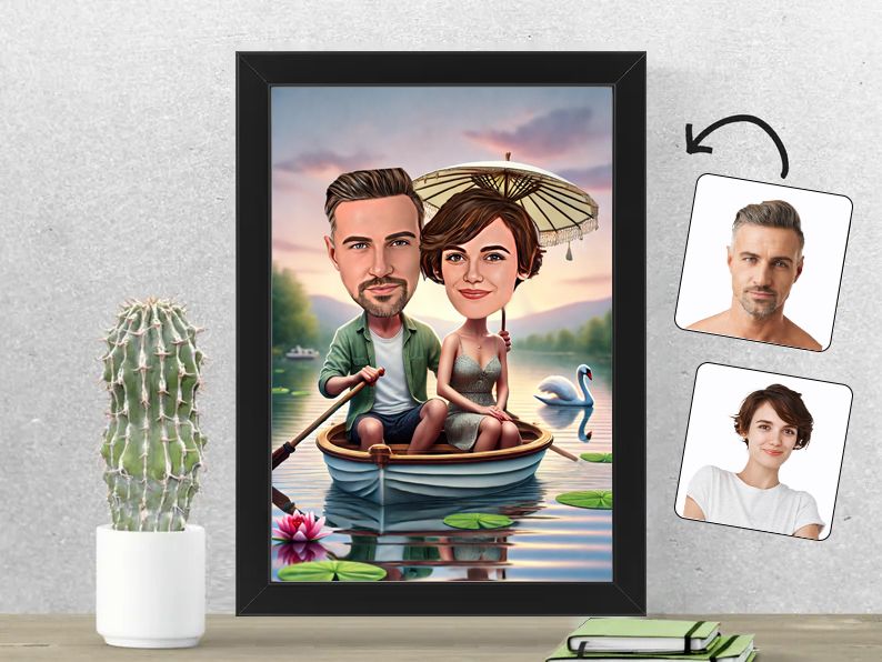 Gepersonaliseerde karikatuur van een stel op een romantische boottocht, geprint in een stijlvolle 21x30 cm fotolijst. Ideaal voor huwelijkscadeau! gepersonaliseerd origineel cadeau