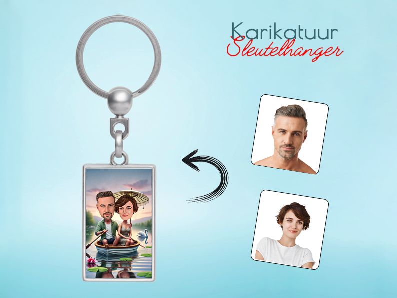 Unieke karikatuur sleutelhanger van een verliefd stel tijdens een romantische boottocht. Gepersonaliseerd en perfect als speciaal cadeau. gepersonaliseerd origineel cadeau