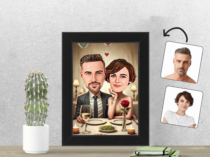 Gepersonaliseerde karikatuur van een stel tijdens een sfeervol diner, afgedrukt in een 13x18 cm fotolijst. Uniek en liefdevol cadeau voor stellen. gepersonaliseerd origineel cadeau