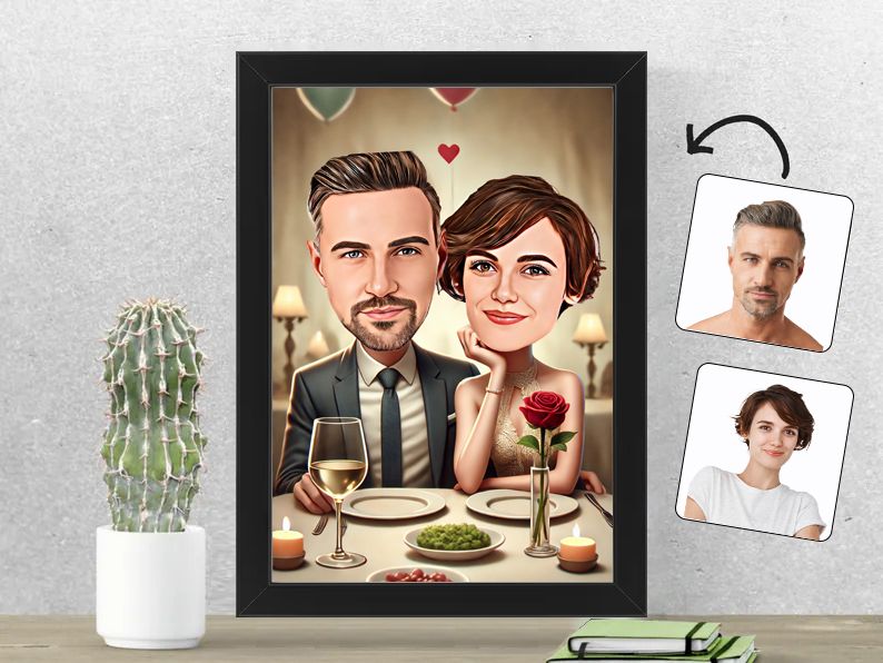 Gepersonaliseerde karikatuur van een stel genietend van een romantisch diner, gedrukt in een 21x30 cm fotolijst. Perfect als huwelijks- of jubileumcadeau. gepersonaliseerd origineel cadeau