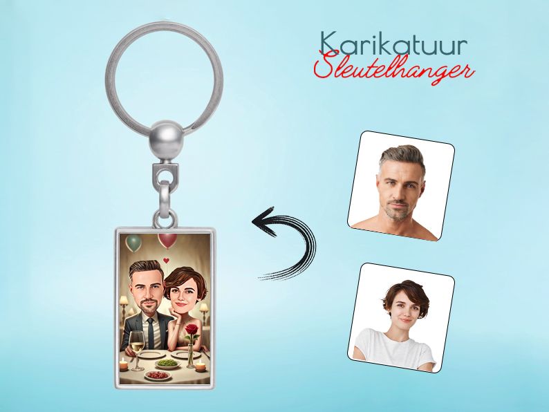 Gepersonaliseerde karikatuur sleutelhanger met een romantisch diner voor twee. Uniek cadeau om een speciaal moment vast te leggen. gepersonaliseerd origineel cadeau