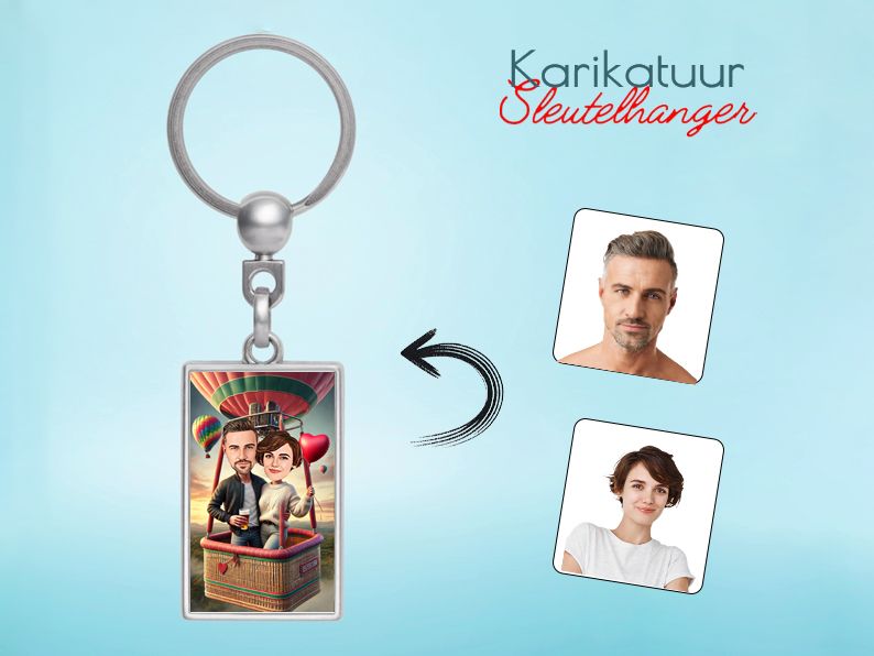 Persoonlijke sleutelhanger met een karikatuur van een stel in een luchtballon. Een origineel en draagbaar cadeau voor stellen. gepersonaliseerd origineel cadeau