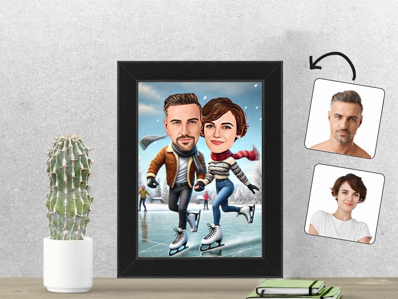 Gepersonaliseerde karikatuur van een stel dat samen schaatst op het ijs, afgedrukt in een 13x18 cm fotolijst. Perfect wintercadeau voor geliefden. gepersonaliseerd origineel cadeau