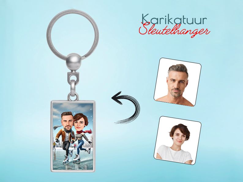 Persoonlijke sleutelhanger met een karikatuur van een stel schaatsend op het ijs. Origineel wintercadeau voor stellen. gepersonaliseerd origineel cadeau