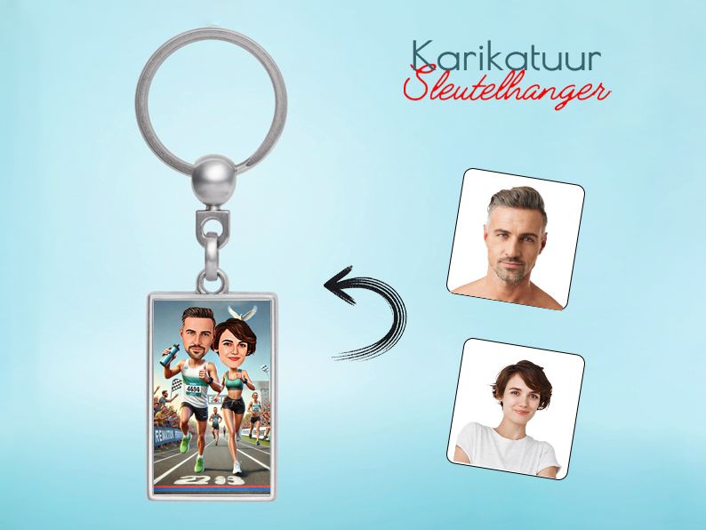 Gepersonaliseerde karikatuur sleutelhanger met een sportieve marathon voor twee. Origineel cadeau voor hardlopers en fitnessliefhebbers. gepersonaliseerd origineel cadeau