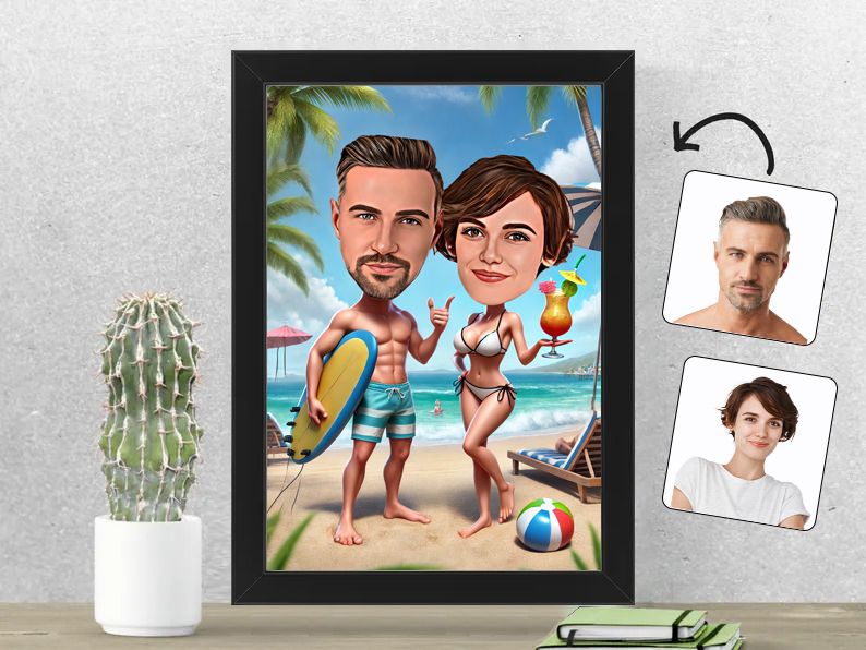 Gepersonaliseerde karikatuur van een stel genietend van zon, zee en strand, gedrukt in een 21x30 cm fotolijst. Uniek en zomers cadeau. gepersonaliseerd origineel cadeau