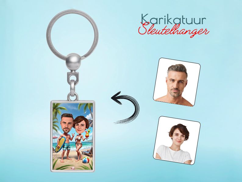 Gepersonaliseerde karikatuur sleutelhanger met een strandvakantie-thema. Perfect cadeau voor reisliefhebbers en zonliefhebbers. gepersonaliseerd origineel cadeau