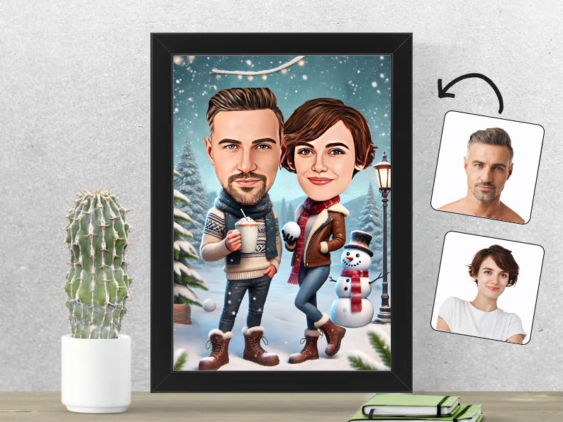 Gepersonaliseerde karikatuur van een stel in een winters landschap, gedrukt in een 21x30 cm fotolijst. Ideaal cadeau voor winterliefhebbers. gepersonaliseerd origineel cadeau