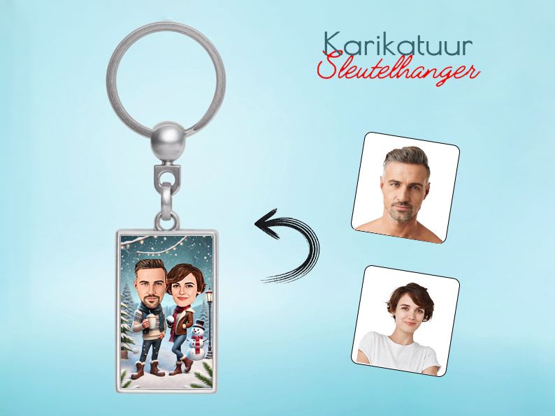 Gepersonaliseerde karikatuur sleutelhanger met een winterthema en sneeuwpret. Uniek en gezellig cadeau voor de feestdagen. gepersonaliseerd origineel cadeau