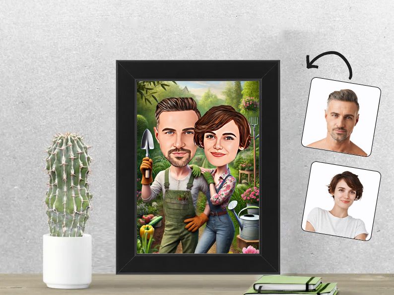 Gepersonaliseerde karikatuur van een stel dat samen tuiniert en geniet van de natuur, afgedrukt in een 13x18 cm fotolijst. Uniek cadeau voor natuurliefhebbers. gepersonaliseerd origineel cadeau
