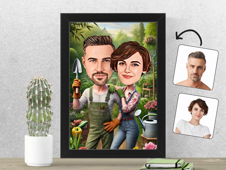 Gepersonaliseerde karikatuur van een stel met een passie voor tuinieren, gedrukt in een 21x30 cm fotolijst. Perfect voor tuin- en plantenliefhebbers. gepersonaliseerd origineel cadeau