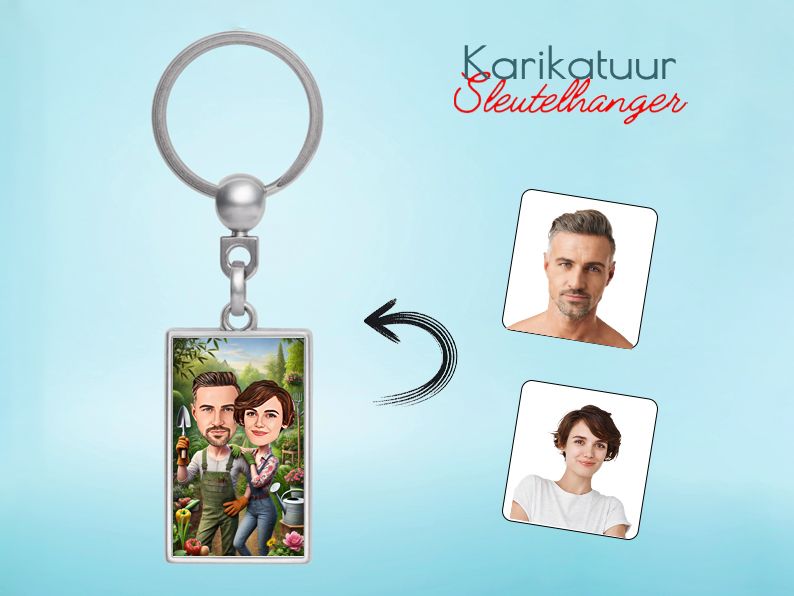 Gepersonaliseerde karikatuur sleutelhanger met een tuin- en natuurthema. Origineel cadeau voor groene vingers en natuurliefhebbers. gepersonaliseerd origineel cadeau