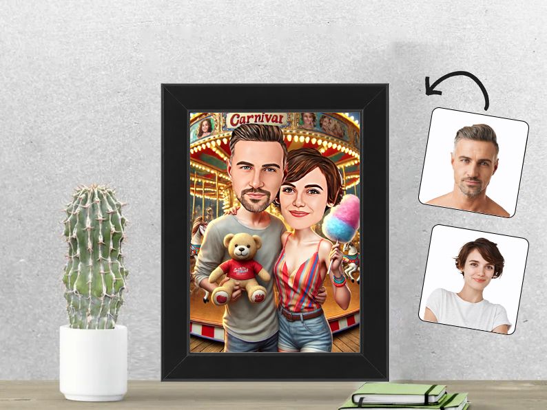 Gepersonaliseerde karikatuur van een stel dat samen geniet van een vrolijke kermis, afgedrukt in een 13x18 cm fotolijst. Perfect cadeau voor kermisliefhebbers. gepersonaliseerd origineel cadeau