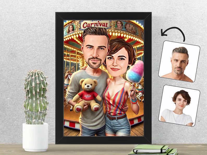 Gepersonaliseerde karikatuur van een stel op de kermis, vol plezier en avontuur, gedrukt in een 21x30 cm fotolijst. Ideaal cadeau voor stelletjes. gepersonaliseerd origineel cadeau