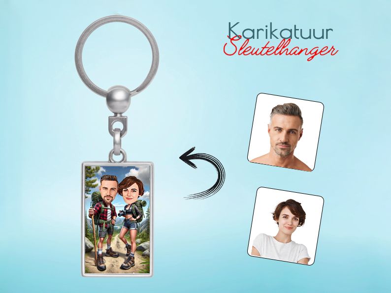 Gepersonaliseerde karikatuur sleutelhanger met een natuursfeer. Origineel cadeau voor avonturiers en outdoorliefhebbers. gepersonaliseerd origineel cadeau