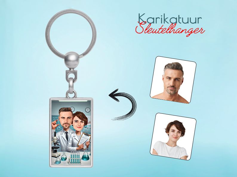 Gepersonaliseerde karikatuur sleutelhanger voor intellectuele en nieuwsgierige stelletjes. Perfect cadeau voor denkers en wetenschappers. gepersonaliseerd origineel cadeau