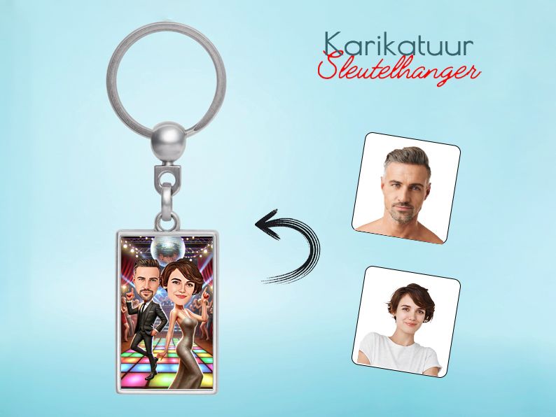 Gepersonaliseerde karikatuur sleutelhanger met een dansfeestthema. Uniek cadeau voor feestbeesten en dansers. gepersonaliseerd origineel cadeau