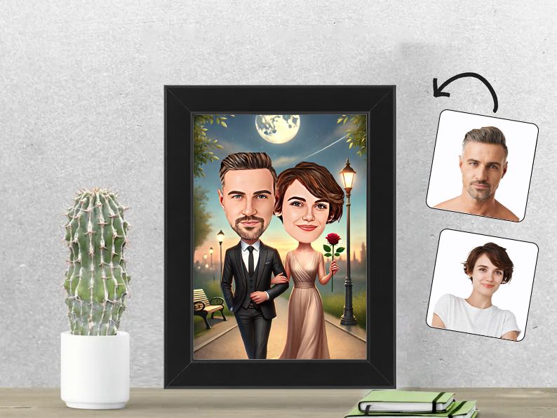 Gepersonaliseerde karikatuur van een stel tijdens een romantische avondwandeling, afgedrukt in een 13x18 cm fotolijst. Uniek cadeau voor geliefden. gepersonaliseerd origineel cadeau