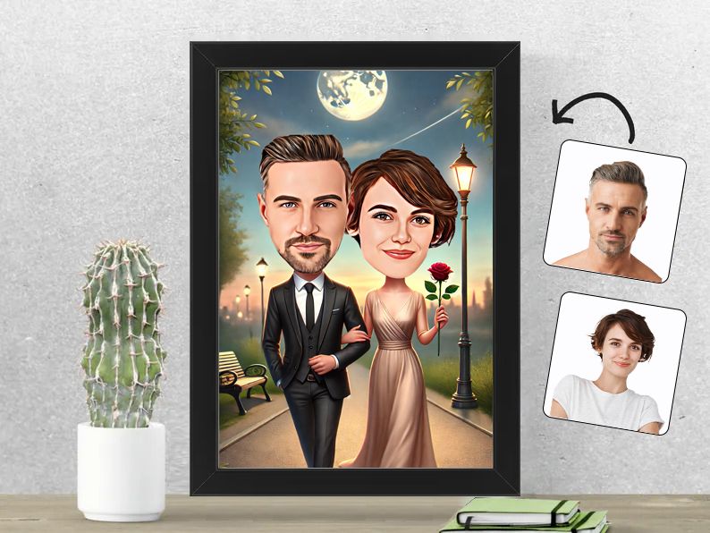 Gepersonaliseerde karikatuur van een stel genietend van een sfeervolle avondwandeling, gedrukt in een 21x30 cm fotolijst. Perfect voor stelletjes. gepersonaliseerd origineel cadeau