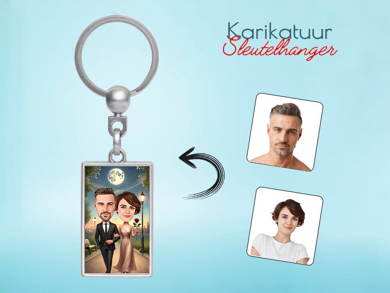 Gepersonaliseerde karikatuur sleutelhanger met een romantische avondwandeling. Uniek cadeau voor romantische zielen. gepersonaliseerd origineel cadeau