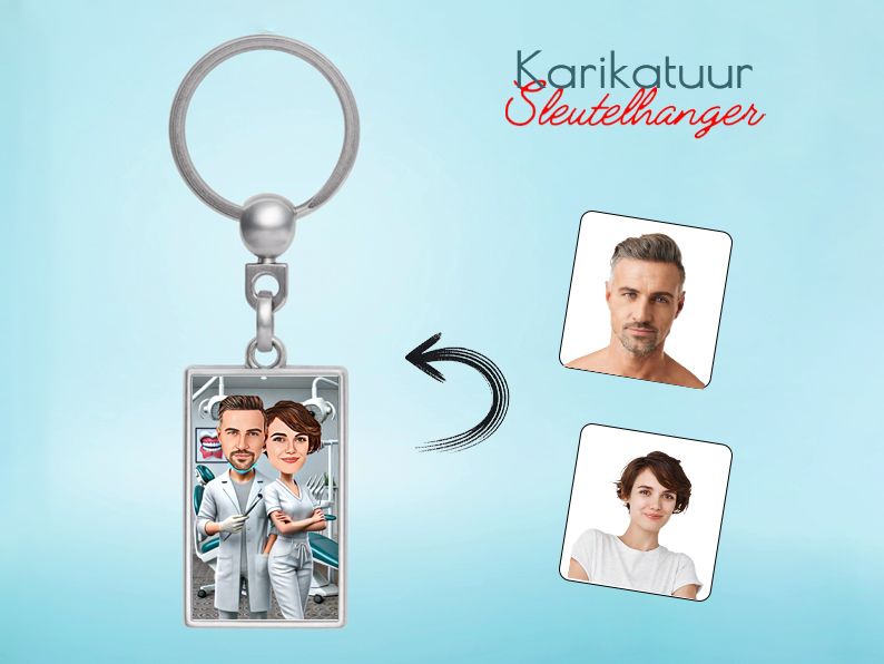 Gepersonaliseerde karikatuur sleutelhanger met een tandarts thema. Origineel cadeau voor een tandarts of mondhygiënist. gepersonaliseerd origineel cadeau