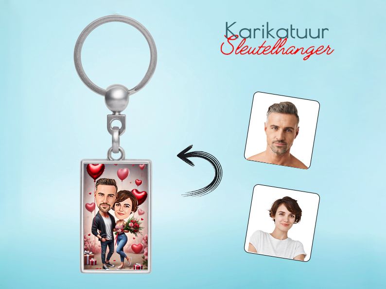 Gepersonaliseerde karikatuur sleutelhanger met een Valentijnsdesign. Origineel cadeau voor je partner. gepersonaliseerd origineel cadeau