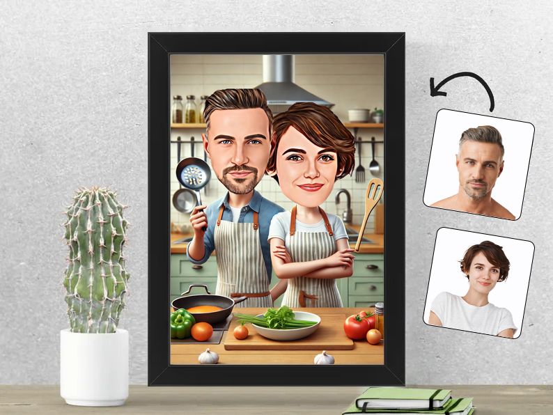 Gepersonaliseerde karikatuur van een stel in de keuken, gedrukt in een 21x30 cm fotolijst. Ideaal cadeau voor foodies en hobbykoks. gepersonaliseerd origineel cadeau