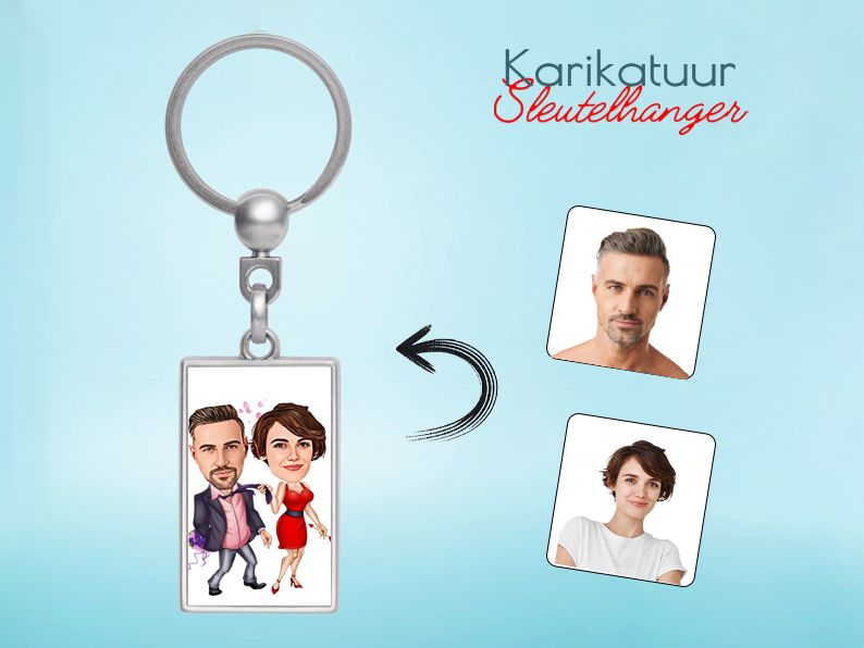 Gepersonaliseerde karikatuur sleutelhanger met een verleidelijk stel. Uniek en speels cadeau voor romantische gelegenheden.