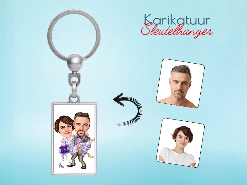 Gepersonaliseerde karikatuur sleutelhanger van een stel op hun bruiloft. Speciaal cadeau voor pasgetrouwde koppels.