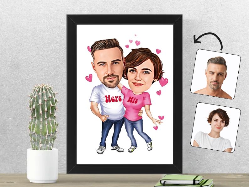 Gepersonaliseerde karikatuur van een His & Hers stel, gedrukt in een 21x30 cm fotolijst. Uniek en liefdevol cadeau voor stellen.