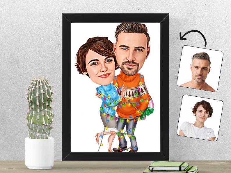 Gepersonaliseerde karikatuur van een kerstverlichting stel, gedrukt in een 21x30 cm fotolijst. Warm en uniek geschenk voor geliefden tijdens de feestdagen.