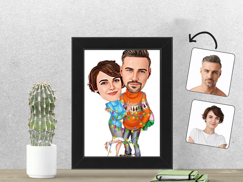 Gepersonaliseerde karikatuur van een kerstverlichting stel, afgedrukt in een 13x18 cm fotolijst. Feestelijk en romantisch cadeau voor koppels.