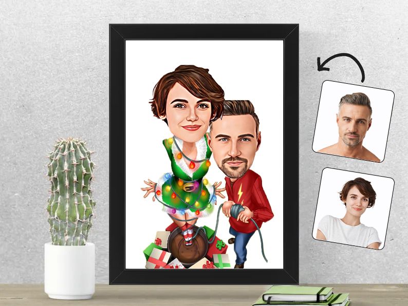 Gepersonaliseerde karikatuur van een kerstboom stel, gedrukt in een 21x30 cm fotolijst. Uniek en vrolijk geschenk voor geliefden tijdens de feestdagen.