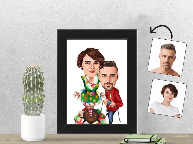 Gepersonaliseerde karikatuur van een kerstboom stel, afgedrukt in een 13x18 cm fotolijst. Speels en feestelijk cadeau voor koppels.