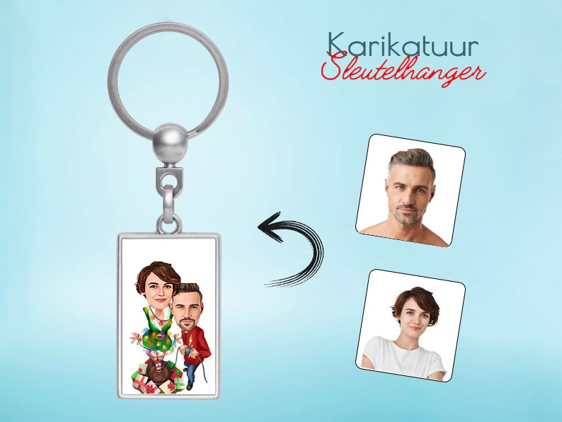 Gepersonaliseerde karikatuur sleutelhanger met een kerstboom stel. Origineel en grappig cadeau voor koppels met kerstmagie.