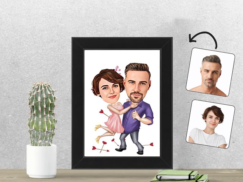 Gepersonaliseerde karikatuur van een romantische dans, afgedrukt in een 13x18 cm fotolijst. Een prachtig cadeau voor dansliefhebbers en verliefde stellen.