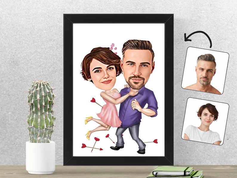 Gepersonaliseerde karikatuur van een romantische dans, gedrukt in een 21x30 cm fotolijst. Elegant en sfeervol cadeau voor koppels.