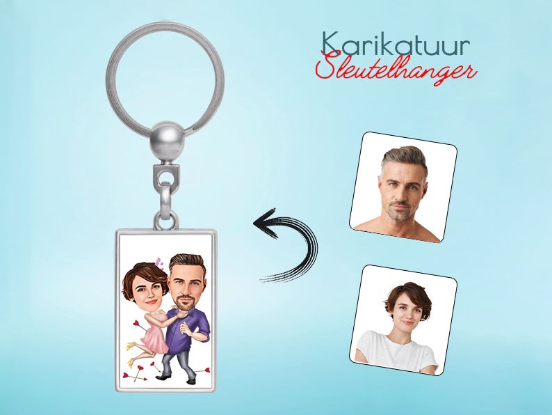 Gepersonaliseerde karikatuur sleutelhanger met een romantische dans. Ideaal voor dansliefhebbers en koppels.