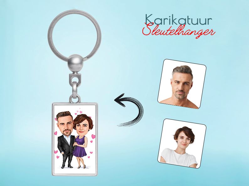 Gepersonaliseerde karikatuur sleutelhanger met een chic paars stel. Perfect cadeau voor koppels die van stijl en romantiek houden.