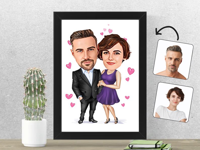 Gepersonaliseerde karikatuur van een chic paars stel, gedrukt in een 21x30 cm fotolijst. Elegant en uniek geschenk voor geliefden.